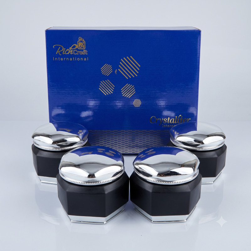 Anupam CrystalHex Premium 4 Piece Kitchen Storage Jar Set with Silver Lids, Black Hexagonal Containers