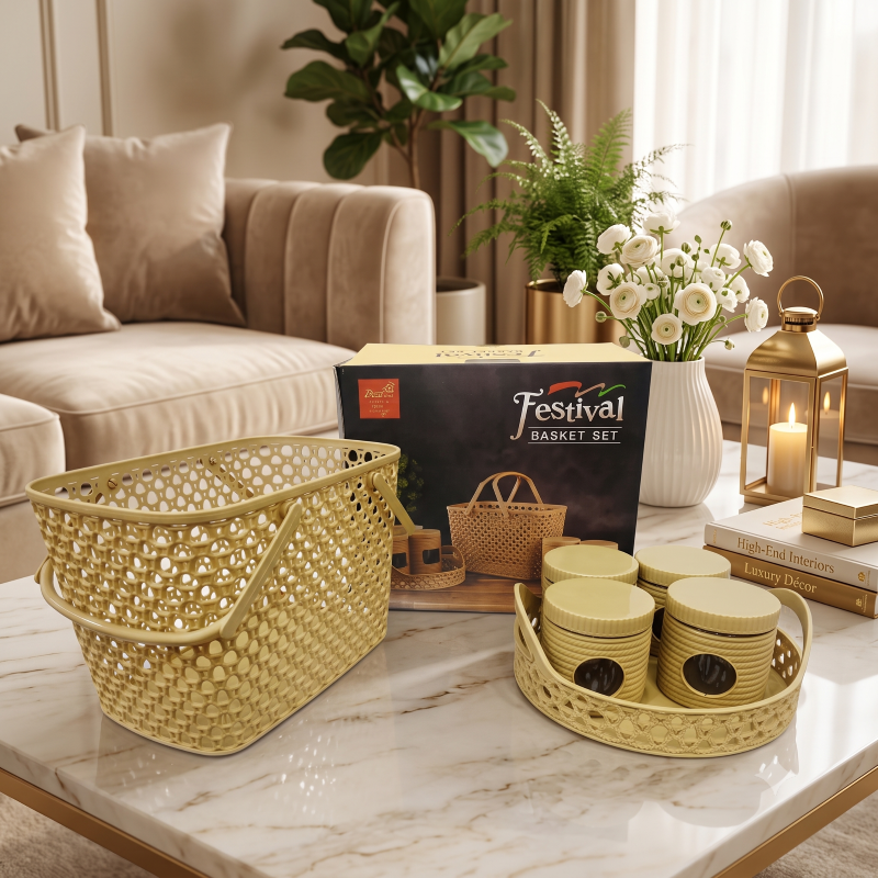 Anupam Festival Premium Beige Multipurpose Storage Basket Set with Tray & 4 Containers | Elegant Home Organizer Gift Set