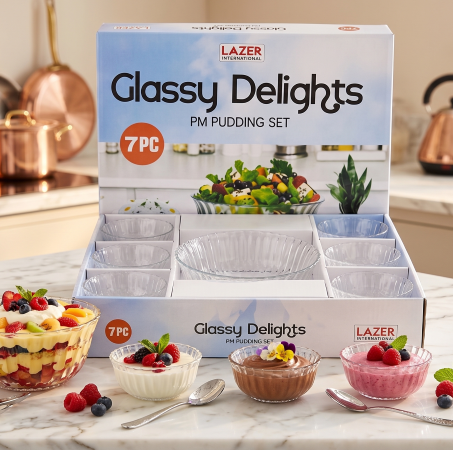Anupam Glassy Delights Premium 7 Piece Pudding & Dessert Bowl Set, 6 Small Bowls + 1 Large Serving Bowl, Clear Glass