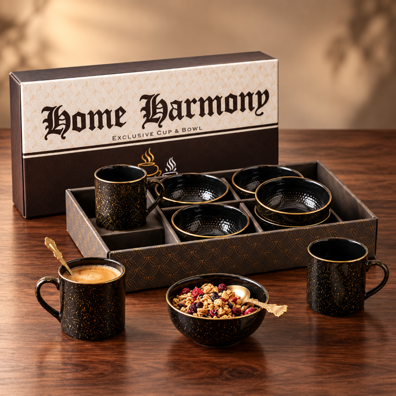 Anupam Home Harmony Premium Ceramic Cup & Bowl Set 8 Pieces with 4 Mugs & 4 Bowls in Black Gold Finish for Coffee, Snacks & Gifting