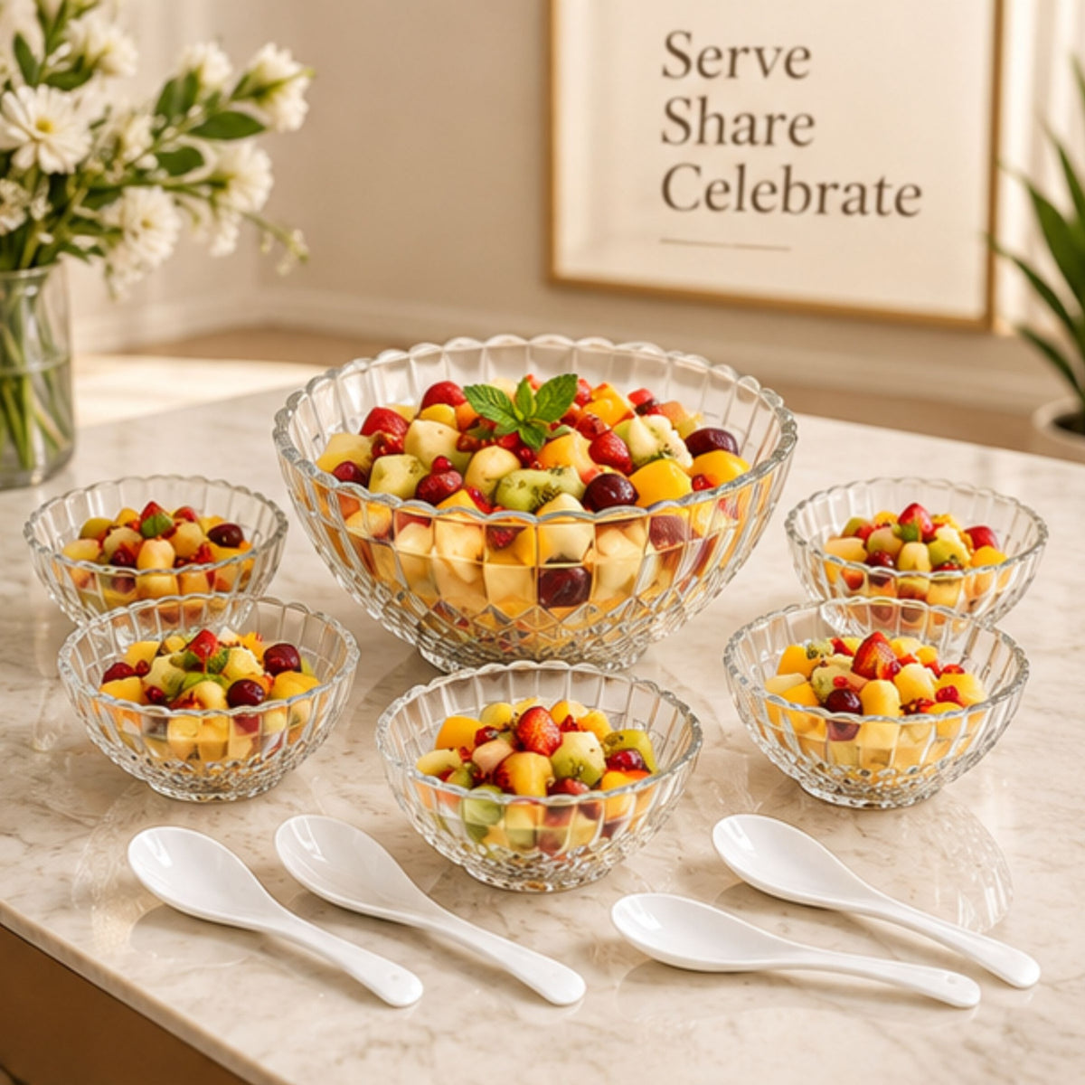 Anupam Imperial Royal Crystal Glass Pudding Bowl Set with 1 Large Serving Bowl, 6 Small Dessert Bowls & 6 Spoons | 13-Piece Serveware Set