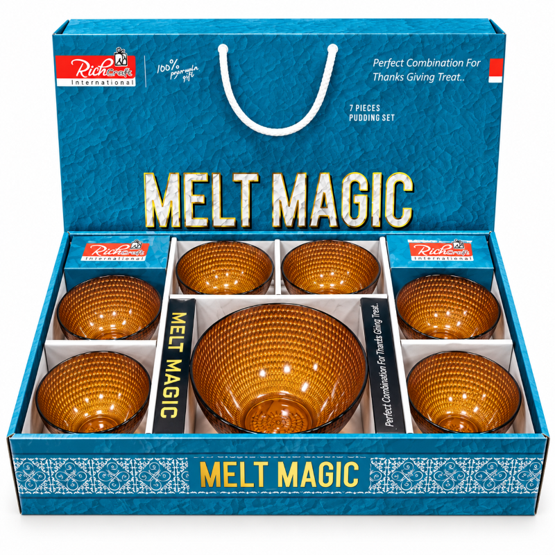 Anupam Melt Magic amber glass 7 piece pudding bowl set with 6 small bowls and 1 large serving bowl