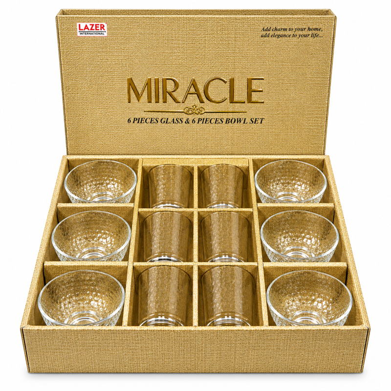 Anupam Miracle Premium Glassware Set of 12 - 6 Drinking Glasses + 6 Serving Bowls