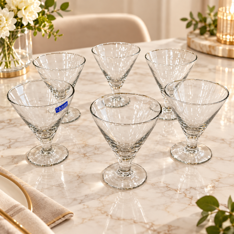 Anupam Ocean Premium Clear Glass Stemmed Dessert Bowl Set of 6 for Ice Cream, Pudding, Custard, Fruits & Elegant Table Serving