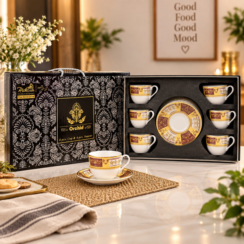 Anupam Orchid premium bone china cup and saucer set of 6 with gift box