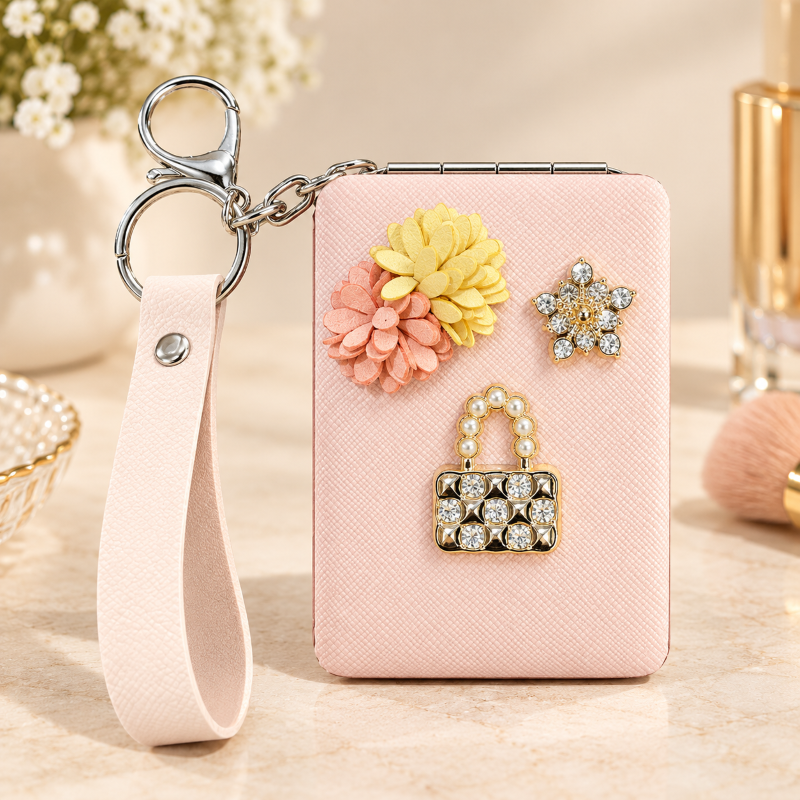 Anupam pink floral embellished pocket mirror with keychain 131610, view 1