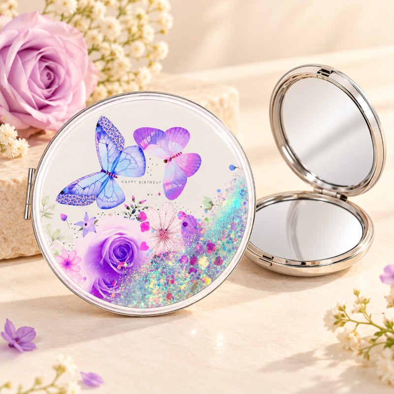 Anupam Purple Rose & Butterfly Glitter Round Pocket Mirror, Folding Dual Mirror for Handbag, Makeup & Travel – 3-inch diameter (approx.)