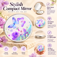 Anupam Purple Rose & Butterfly Glitter Round Pocket Mirror, Folding Dual Mirror for Handbag, Makeup & Travel, image 2