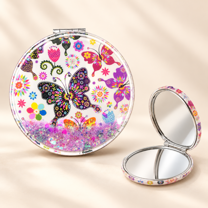 Anupam Colourful Floral Butterfly Glitter Round Pocket Mirror, Folding Dual Mirror for Handbag, Makeup & Travel, image 1