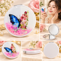 Anupam Blue Butterfly & Pink Floral Glitter Round Pocket Mirror, Folding Dual Mirror for Handbag, Makeup & Travel, image 2