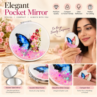 Anupam Blue Butterfly & Pink Floral Glitter Round Pocket Mirror, Folding Dual Mirror for Handbag, Makeup & Travel, image 4