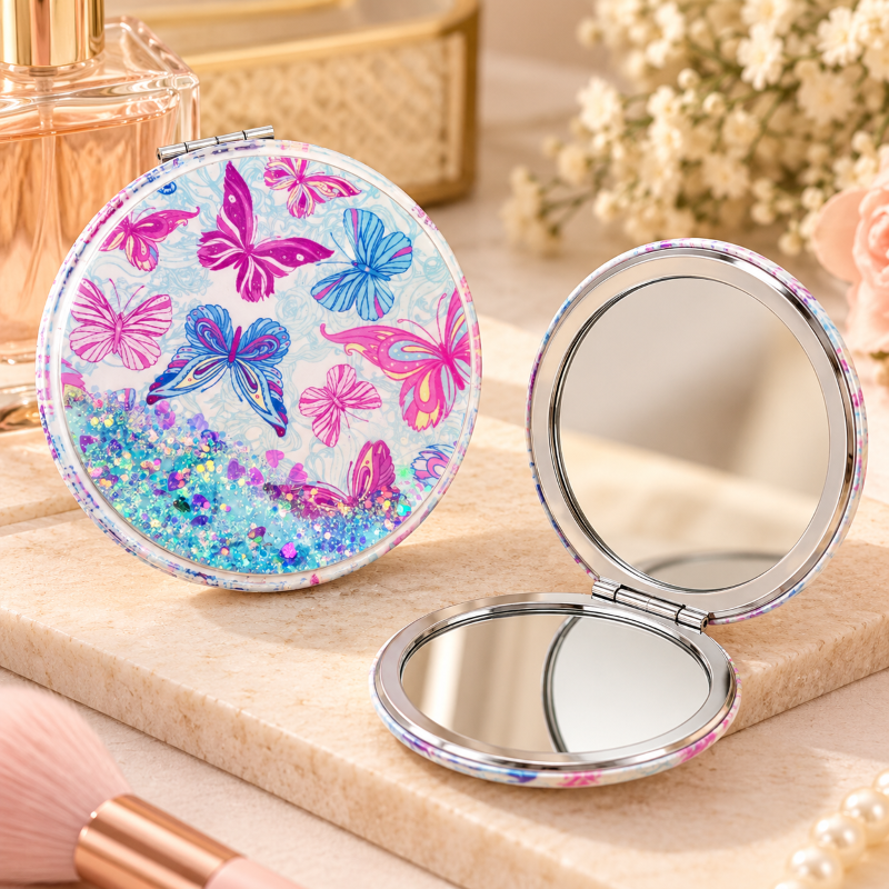 Anupam Pink & Blue Butterfly Glitter Round Pocket Mirror, Folding Dual Mirror for Handbag, Makeup & Travel, image 1