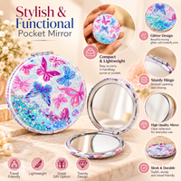 Anupam Pink & Blue Butterfly Glitter Round Pocket Mirror, Folding Dual Mirror for Handbag, Makeup & Travel, image 2