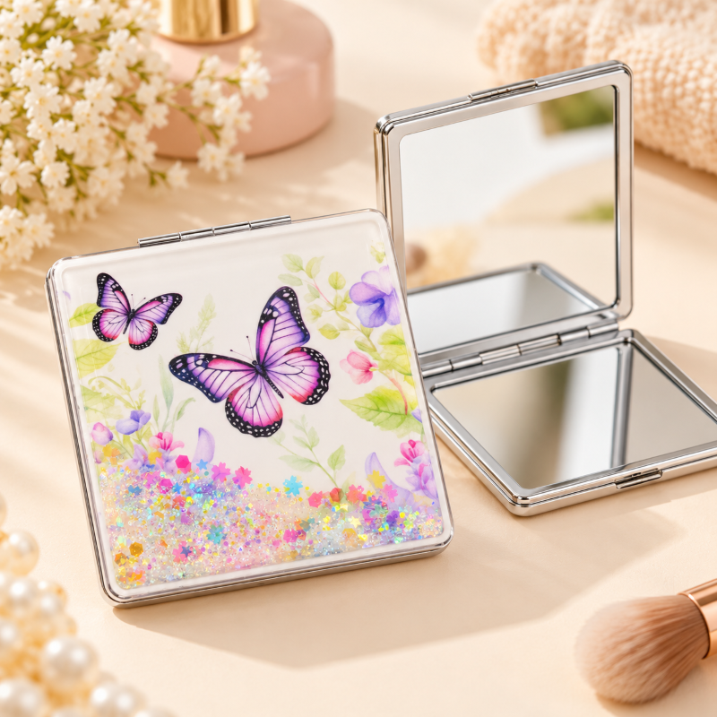 Anupam Purple Butterfly Garden Square Glitter Pocket Mirror, Folding Dual Mirror for Handbag, Makeup & Travel – Pocket size