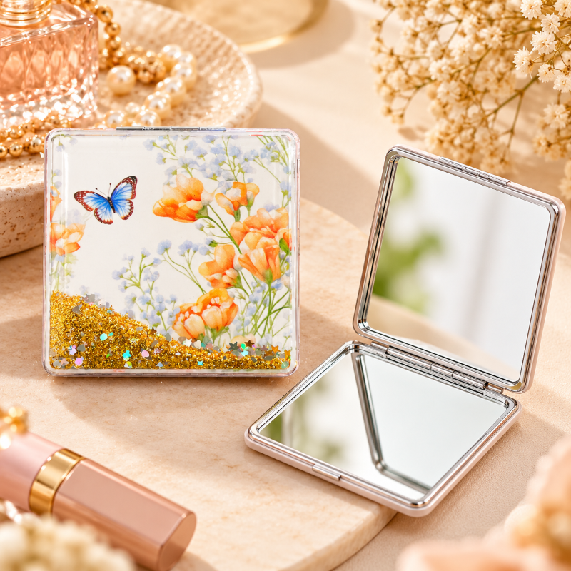 Anupam Orange Floral & Butterfly Square Glitter Pocket Mirror, Folding Dual Mirror for Handbag, Makeup & Travel, image 1