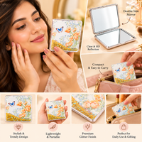 Anupam Orange Floral & Butterfly Square Glitter Pocket Mirror, Folding Dual Mirror for Handbag, Makeup & Travel, image 2