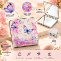 Anupam Pastel Butterfly & Blossom Square Glitter Pocket Mirror, Folding Dual Mirror for Handbag, Makeup & Travel, image 2