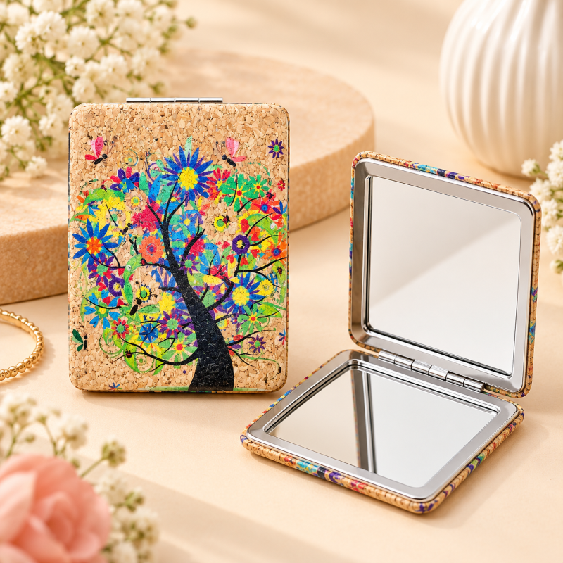 Anupam Colourful Blossom Tree Cork Finish Pocket Mirror, Folding Dual Mirror for Handbag, Makeup & Travel – 3 × 3 inches (approx.)