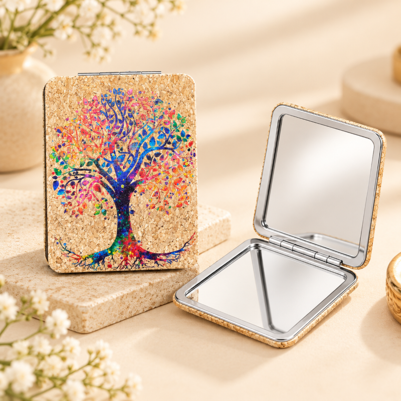 Anupam Rainbow Tree of Life Cork Finish Pocket Mirror, Folding Dual Mirror for Handbag, Makeup & Travel, image 1