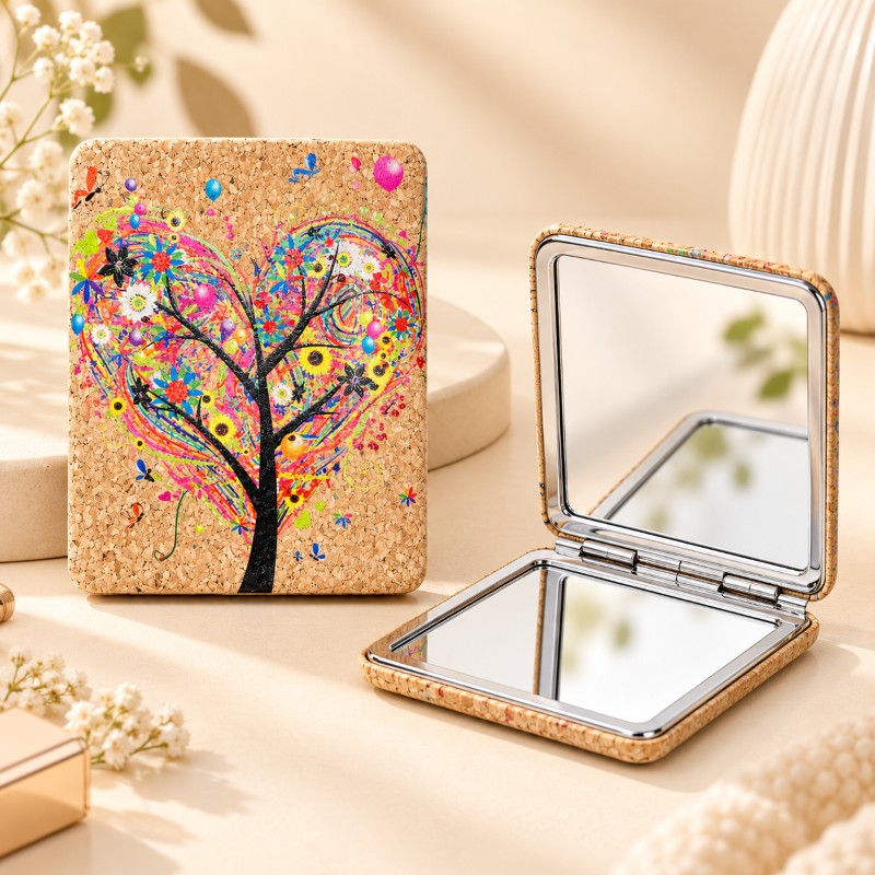 Anupam Heart Tree of Life Cork Finish Pocket Mirror, Folding Dual Mirror for Handbag, Makeup & Travel – 3 × 3 × 0.4 inches (approx.)