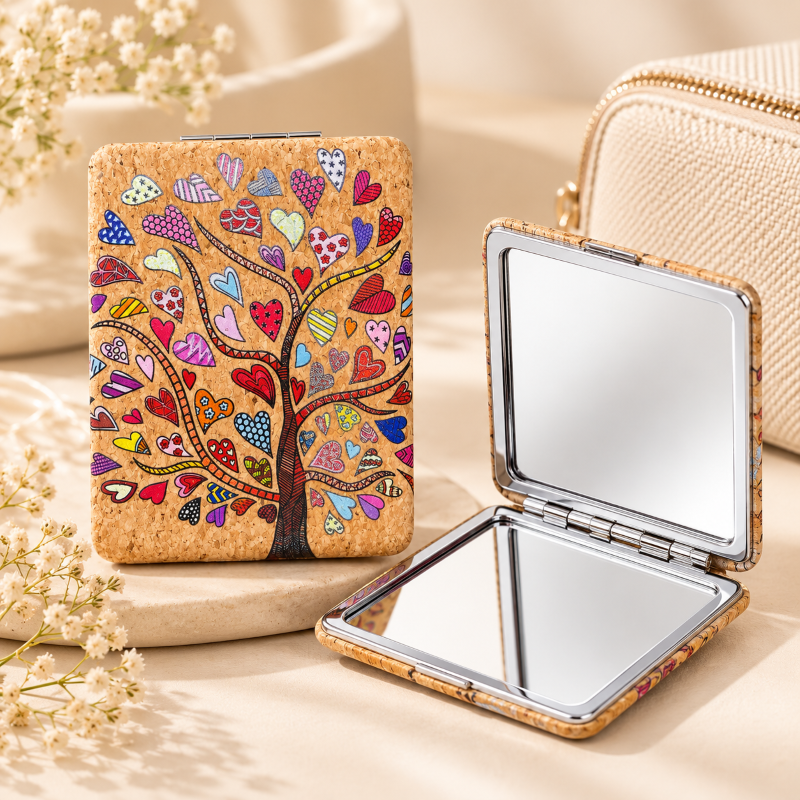 Anupam Colourful Heart Leaf Tree Cork Finish Pocket Mirror, Folding Dual Mirror for Handbag, Makeup & Travel, image 1