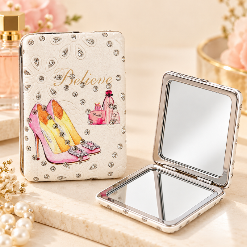 Anupam Pastel High Heel Fashion Print Pocket Mirror, Folding Dual Mirror for Handbag, Makeup & Travel – 3 × 3 inches (approx.)