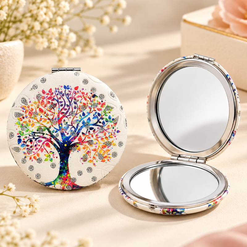Anupam Colourful Blossom Tree Round Compact Round Pocket Mirror, Folding Dual Mirror for Handbag, Makeup & Travel, image 1