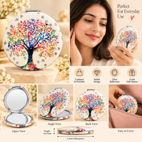 Anupam Colourful Blossom Tree Round Compact Round Pocket Mirror, Folding Dual Mirror for Handbag, Makeup & Travel, image 3