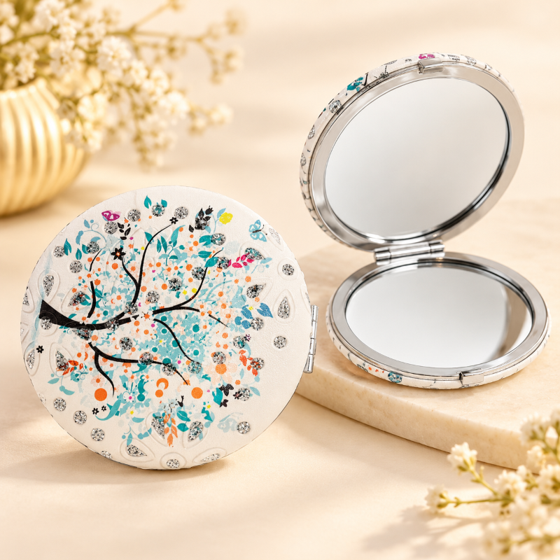 Anupam Pastel Tree of Life Round Compact Round Pocket Mirror, Folding Dual Mirror for Handbag, Makeup & Travel – Pocket size
