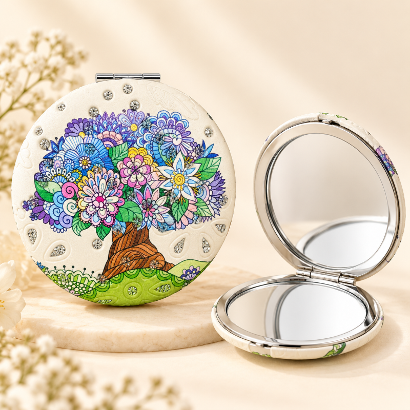 Anupam Purple Hydrangea Floral Round Compact Round Pocket Mirror, Folding Dual Mirror for Handbag, Makeup & Travel – 3-inch diameter (approx. 7.5 cm)