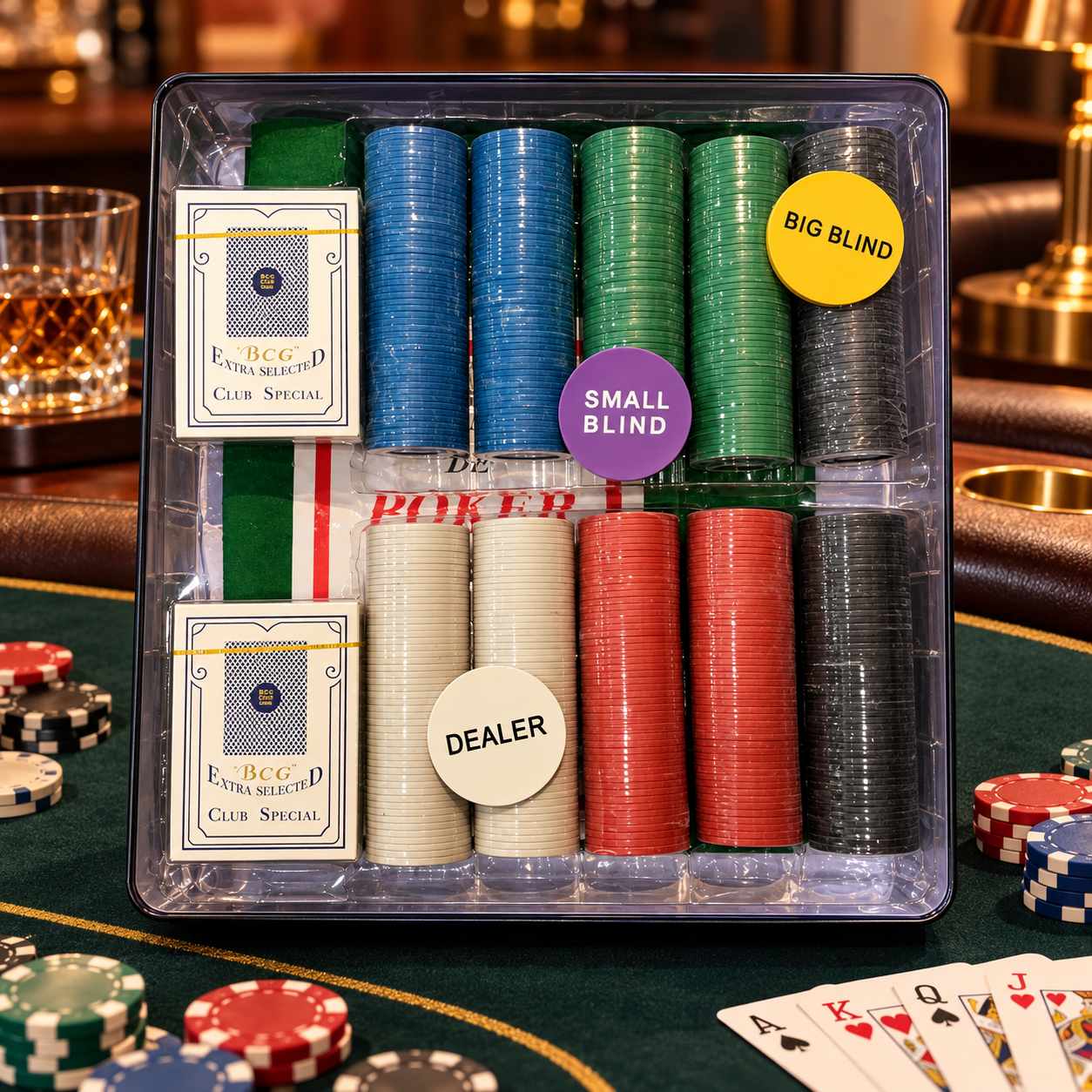 Anupam premium poker chip set with multicolor chips, playing cards and dealer blind markers