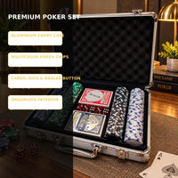 Anupam premium poker set features aluminium case chips cards dice dealer button