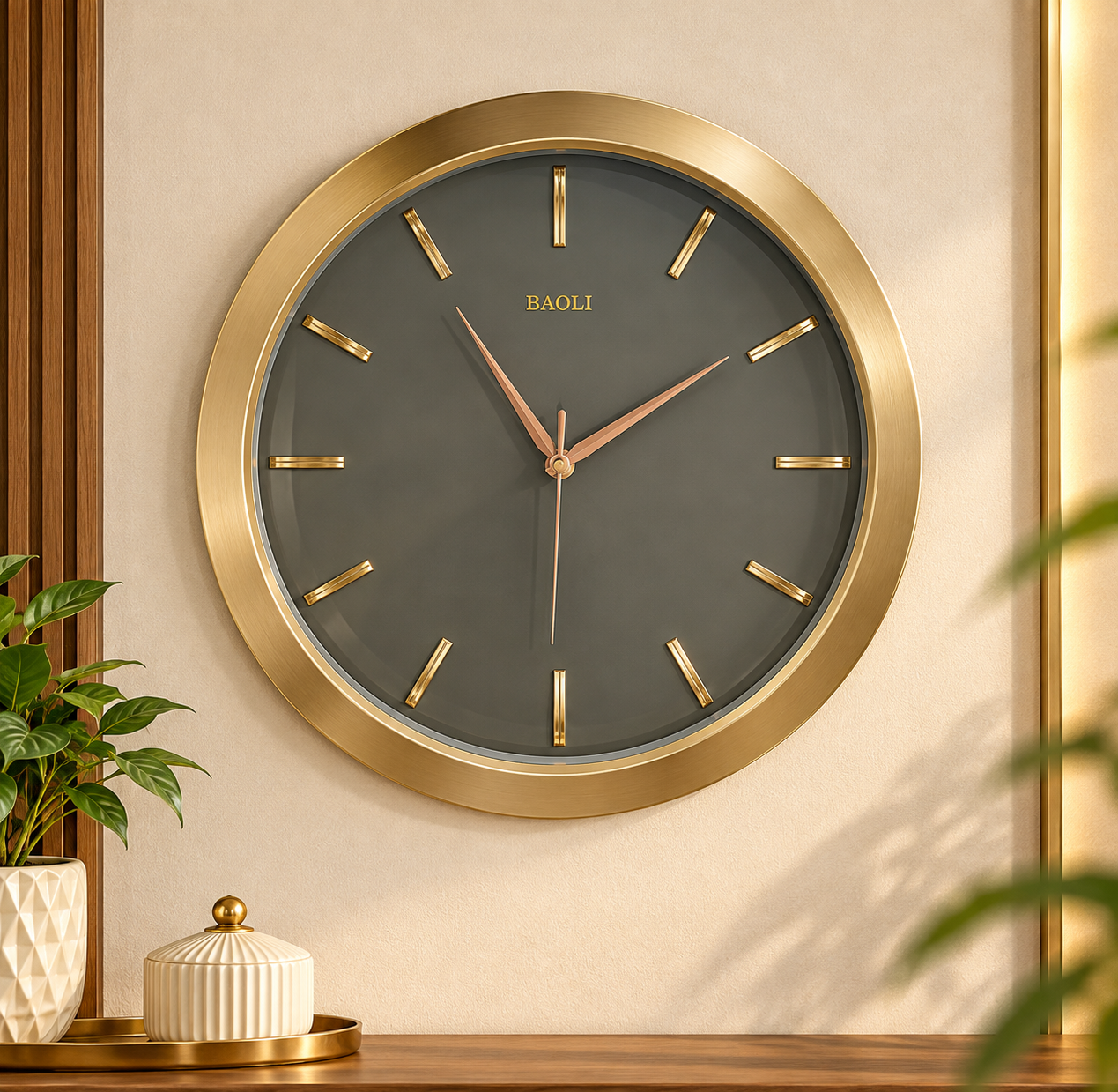 Anupam premium gold and charcoal round wall clock in modern interior