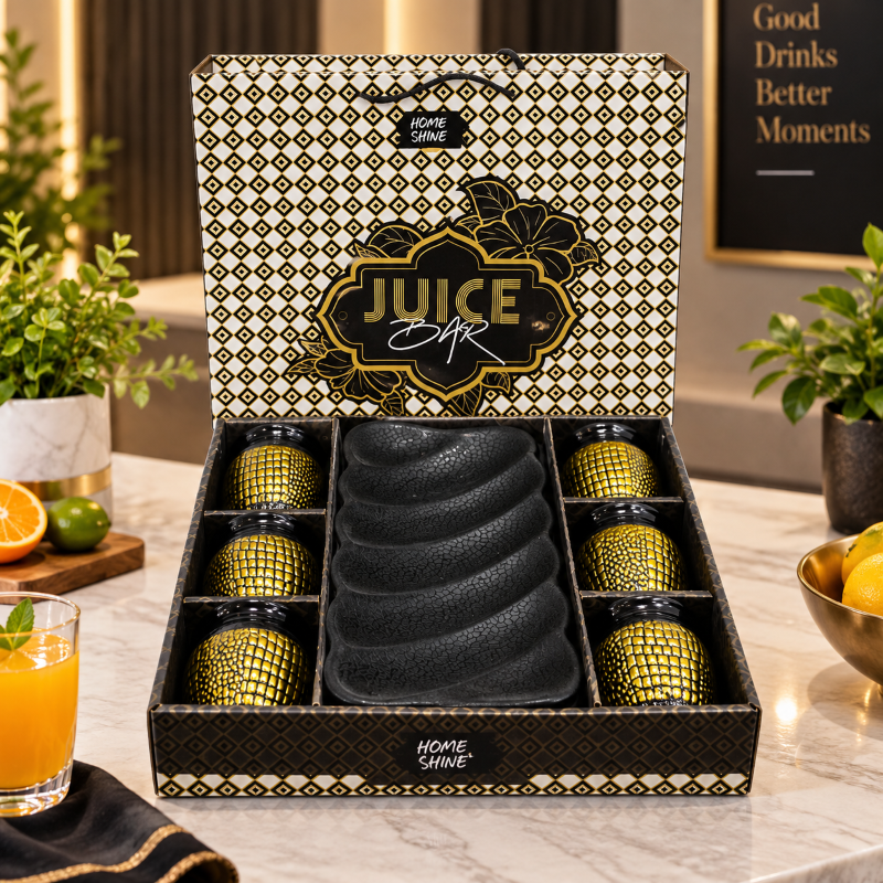 Anupam premium black and gold juice glass set with coasters gift box