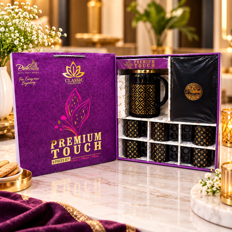Anupam Premium Touch Black & Gold 5 Piece Ceramic Mug Set | Elegant Tea Coffee Drinkware Gift Set
