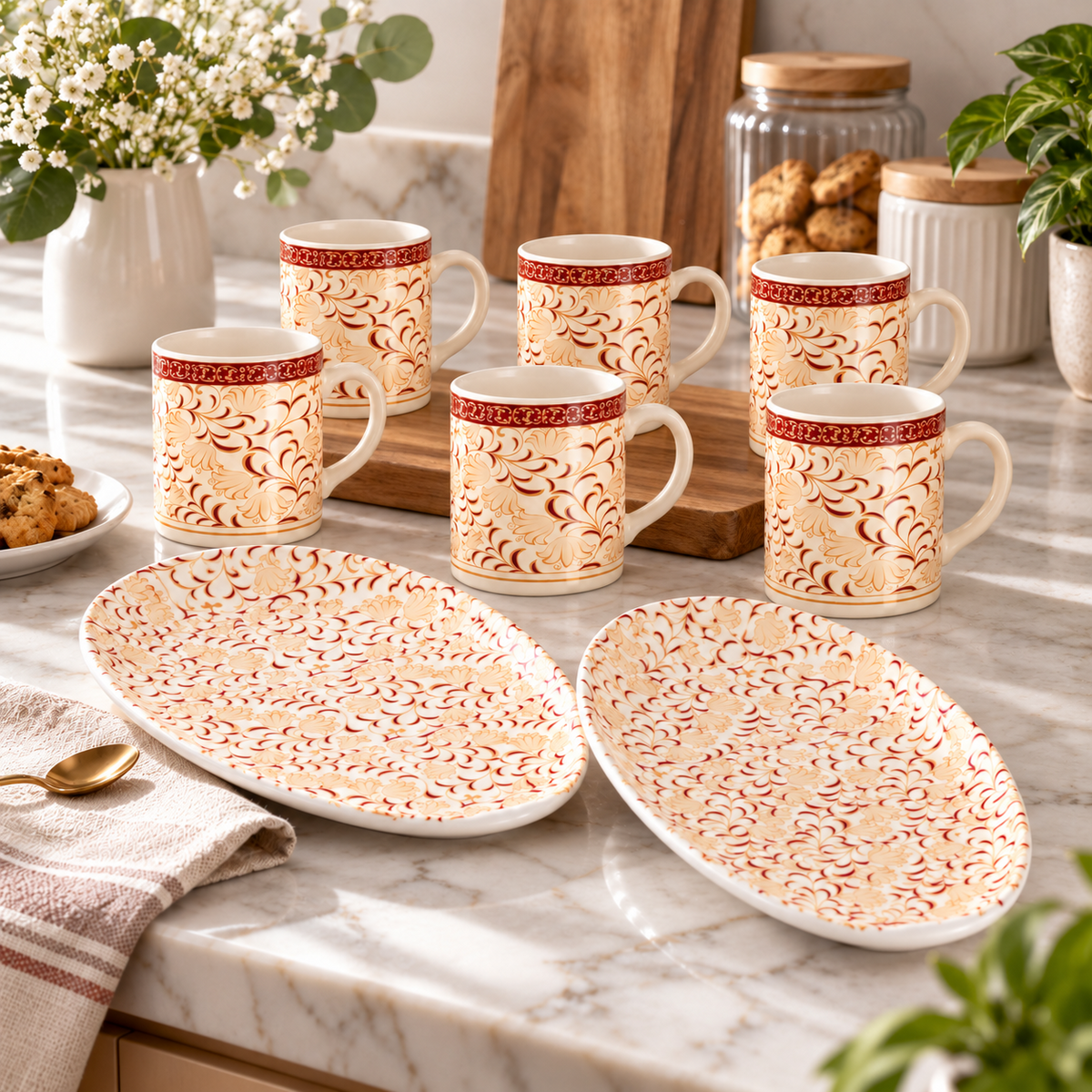 Anupam Rich Craft Premium 8-Piece Ceramic Tea & Snack Serving Set with 6 Floral Mugs & 2 Oval Plates for Home, Guests & Gifting