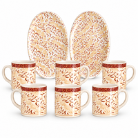 Anupam Rich Craft 8 piece ceramic tea and snack set with 6 mugs and 2 oval plates on white background