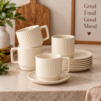 Anupam Rich Craft cream ceramic ribbed tea coffee cup and saucer set lifestyle view
