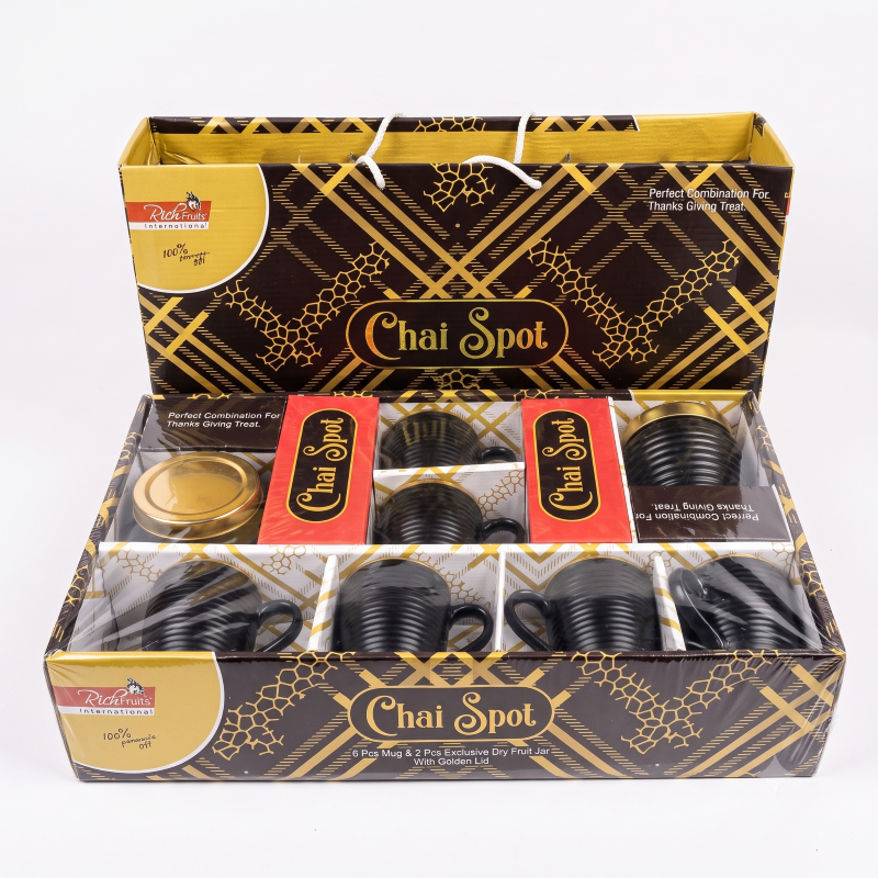 Anupam Rich Craft Chai Spot Premium 8-Piece Tea Mug & Dry Fruit Jar Gift Set | 6 Black Mugs + 2 Golden Lid Jars for Serving & Gifting