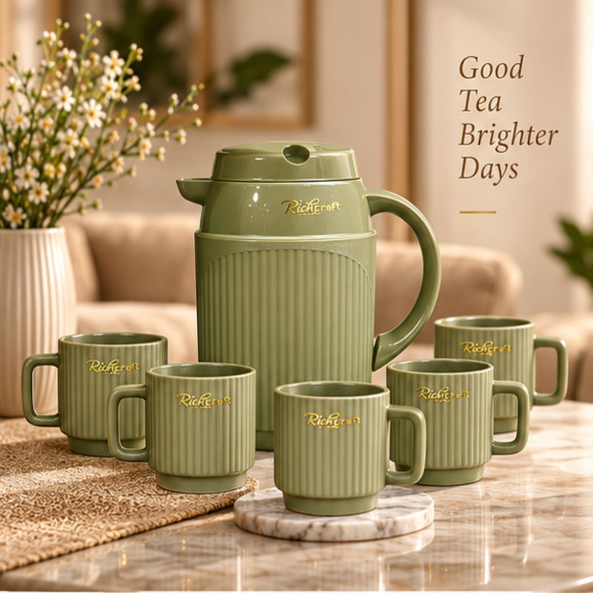 Anupam Rich Craft Premium Olive Green Tea Set with 1 Jug & 6 Matching Cups for Home, Guests, Serving & Gifting
