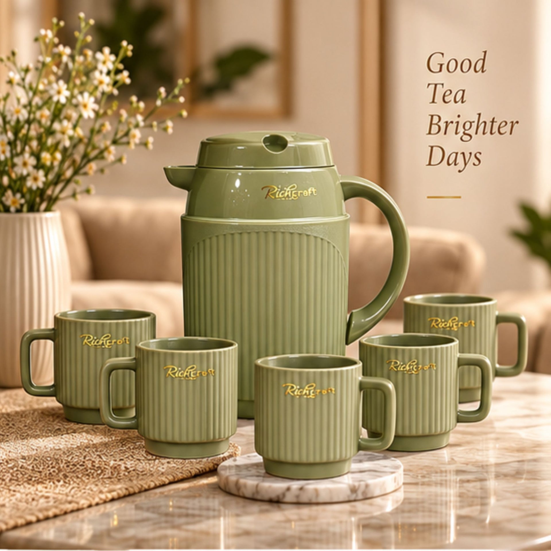 Anupam Rich Craft olive green tea set with jug and six cups - main lifestyle view