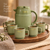 Anupam Rich Craft olive green tea set serving tea with one jug and six cups