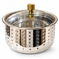 Anupam Rich Craft stainless steel serving casserole with glass lid on white background