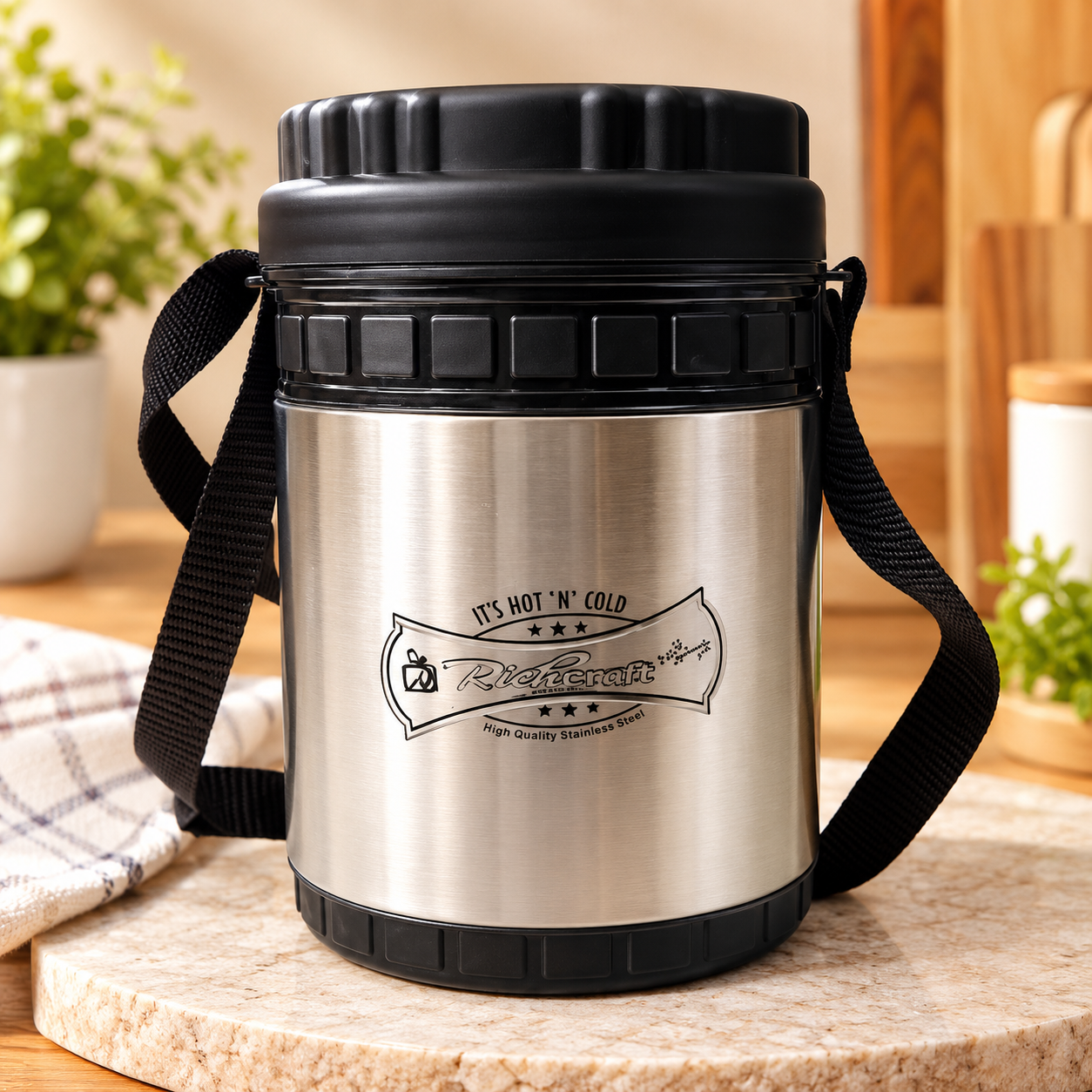 Anupam Rich Craft stainless steel insulated food jar with carry strap - main view
