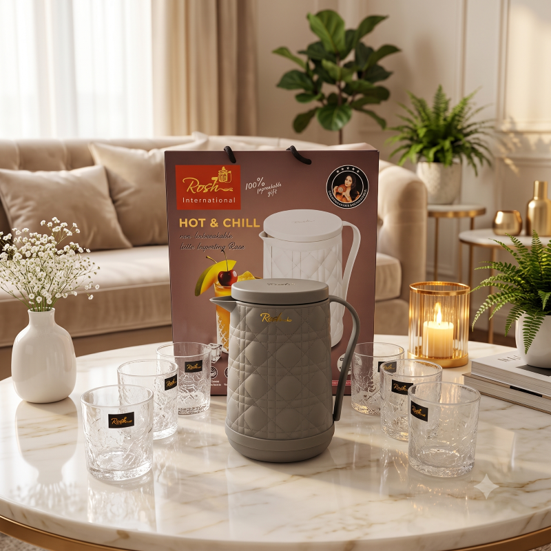 Anupam Roshan Hot & Chill Premium 7 Piece Drinkware Set - 1 Insulated Jug + 6 Glasses