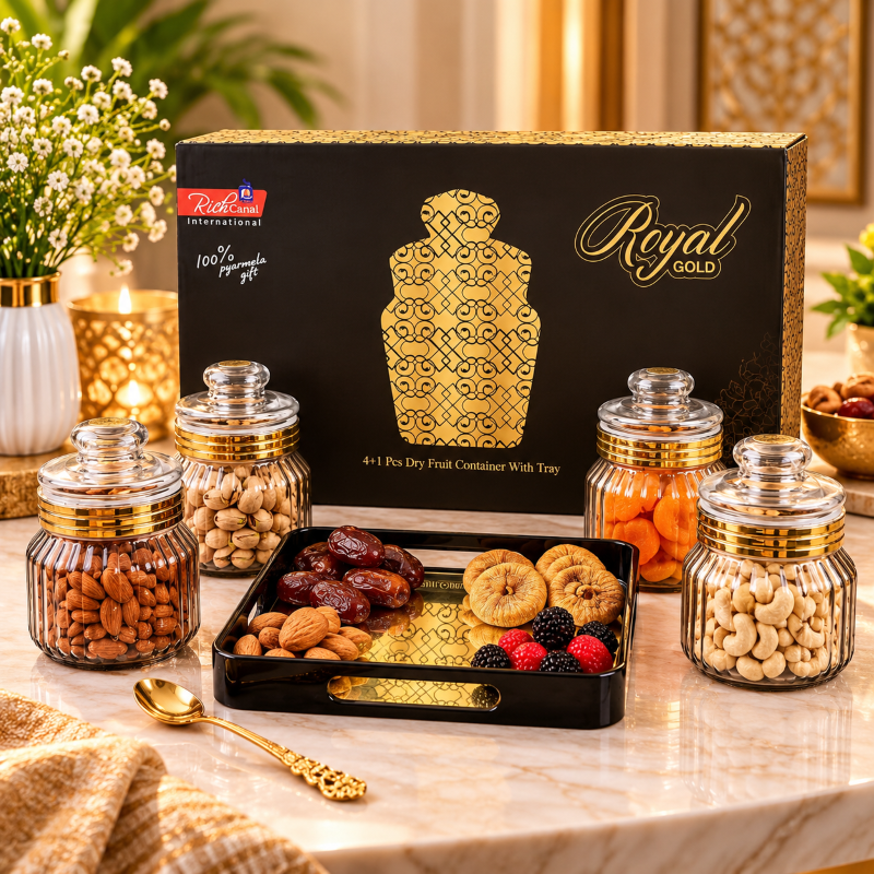 Anupam Royal Gold dry fruit container set with 4 glass jars and serving tray