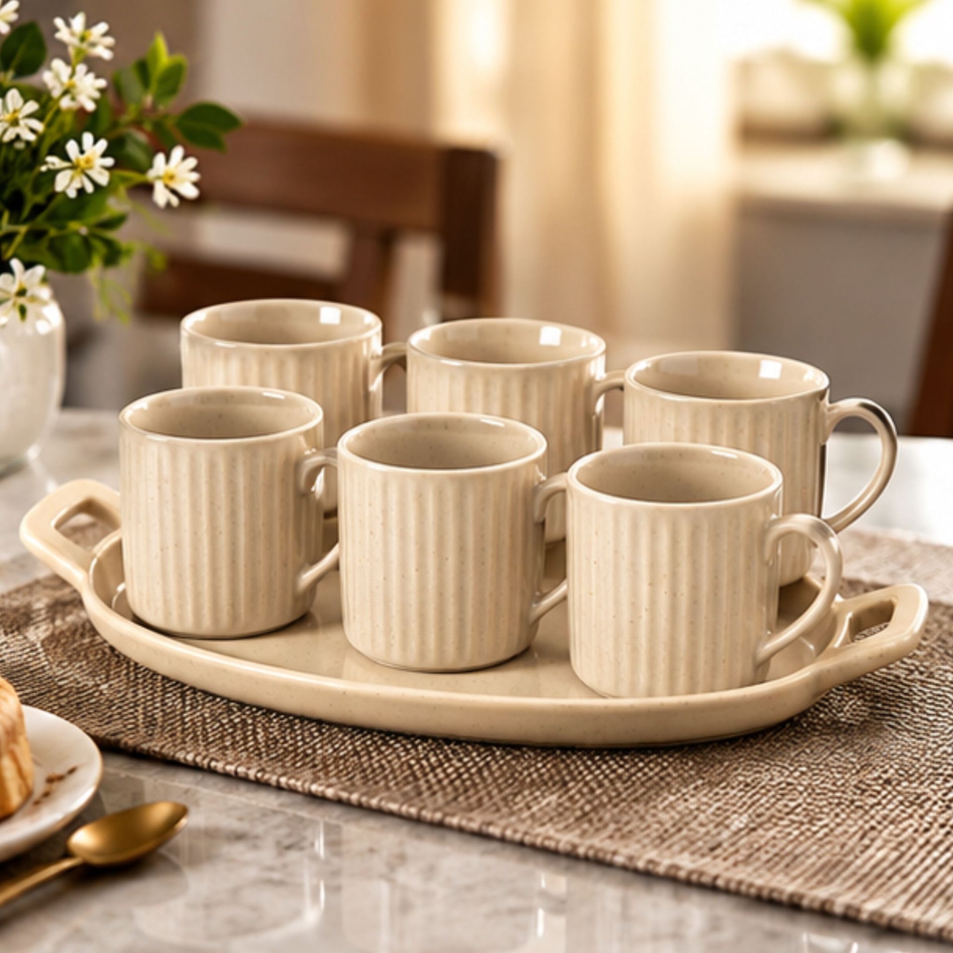 Anupam Royal Sip beige ceramic mug set with serving tray lifestyle view
