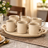 Anupam Royal Sip beige ceramic mug set with serving tray lifestyle view