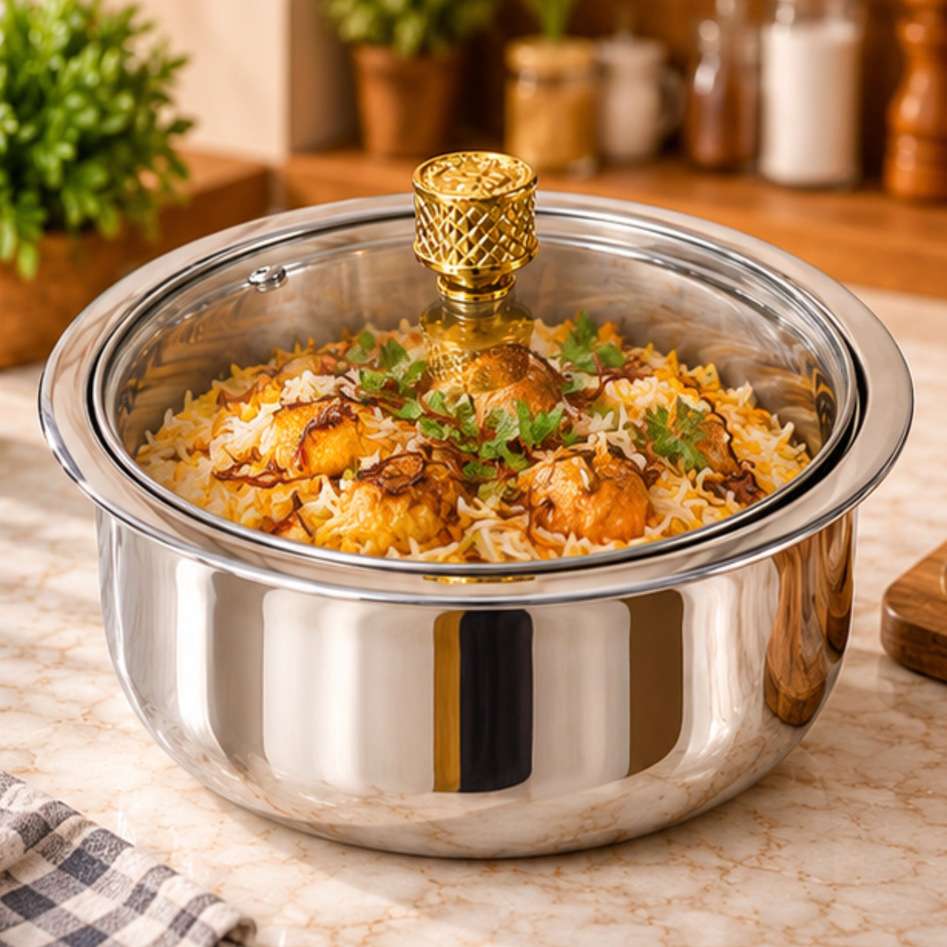 Anupam stainless steel casserole serving biryani with glass lid
