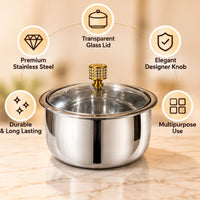 Anupam stainless steel serving pot feature image with transparent glass lid and designer knob